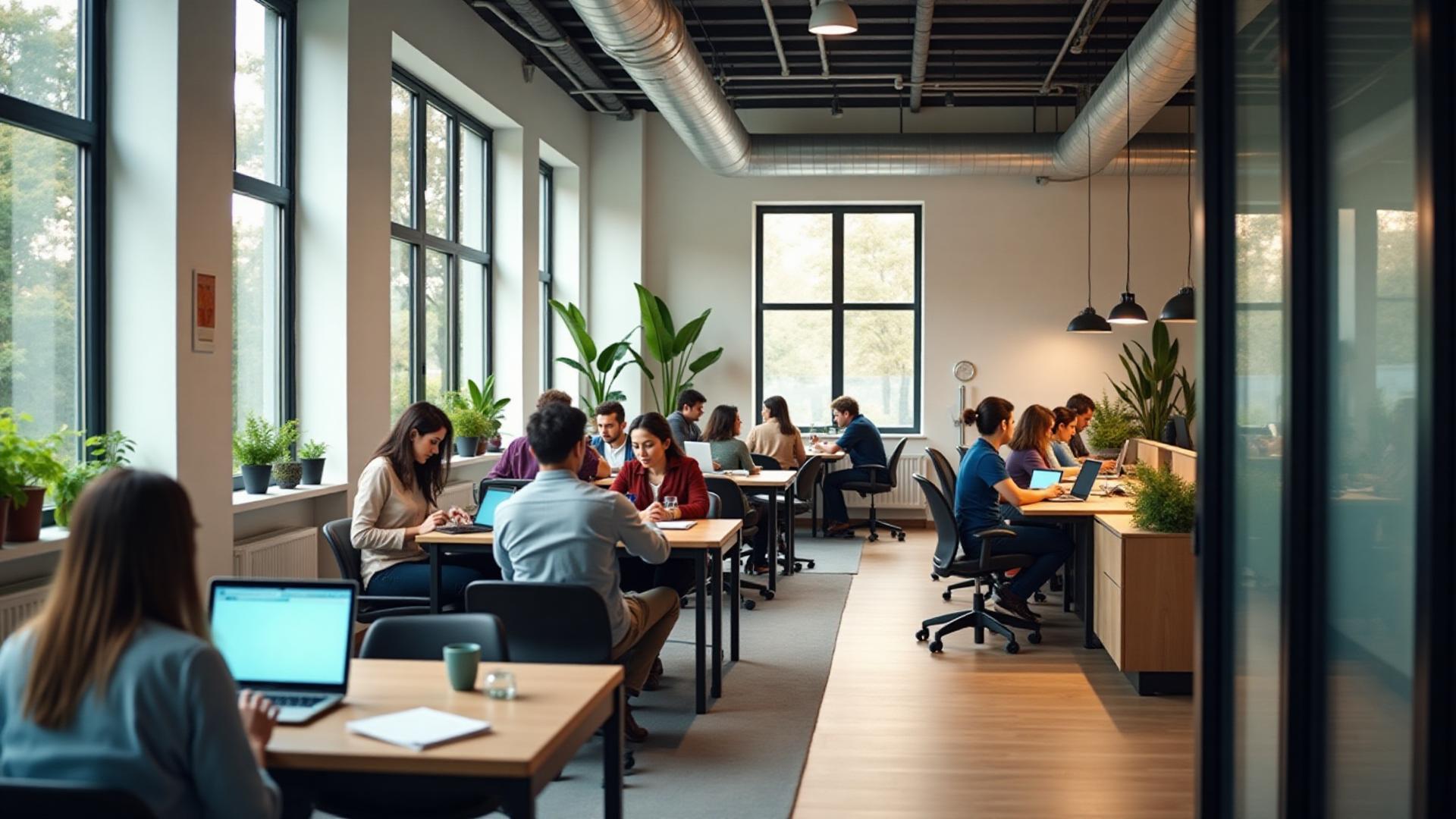 Modern coworking space with diverse professionals working