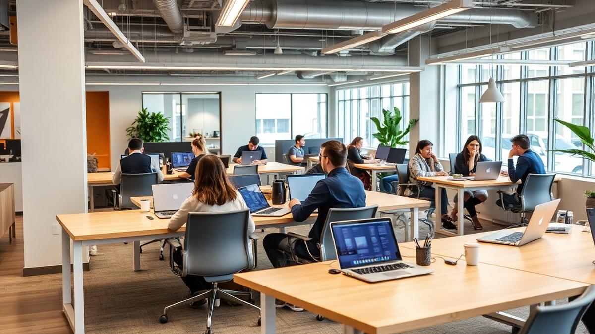 Hot desk area in modern coworking space